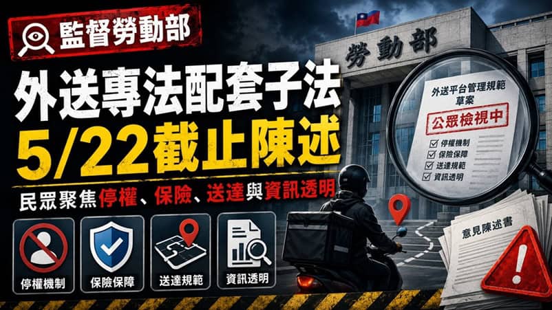 外送專法配套子法5月22日截止陳述 民眾聚焦停權、保險、送達與資訊透明