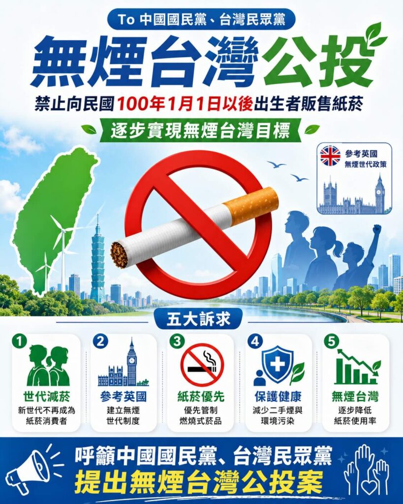 無煙台灣公投「禁止民國一百年後出生者買香菸，以逐步實現無煙台灣目標？」