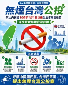 無煙台灣公投「禁止民國一百年後出生者買香菸，以逐步實現無煙台灣目標？」