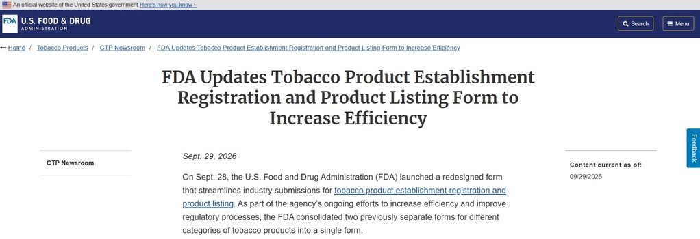 FDA Updates Tobacco Product Establishment Registration and Product Listing Form to Increase Efficiency