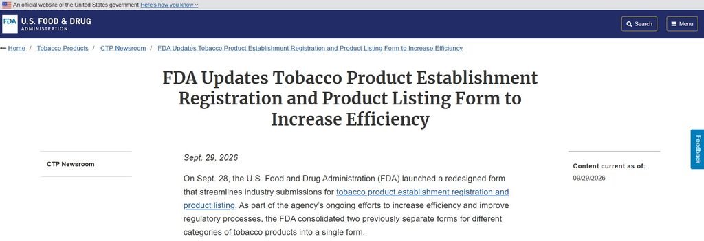 FDA Updates Tobacco Product Establishment Registration and Product Listing Form to Increase Efficiency